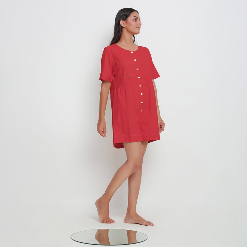 Right View of a Model wearing Brick Red Vegetable Dyed Romper