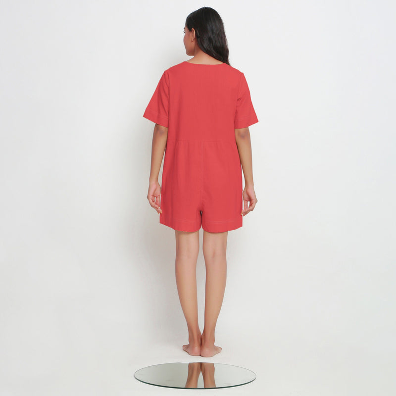 Back View of a Model wearing Brick Red Vegetable Dyed Romper
