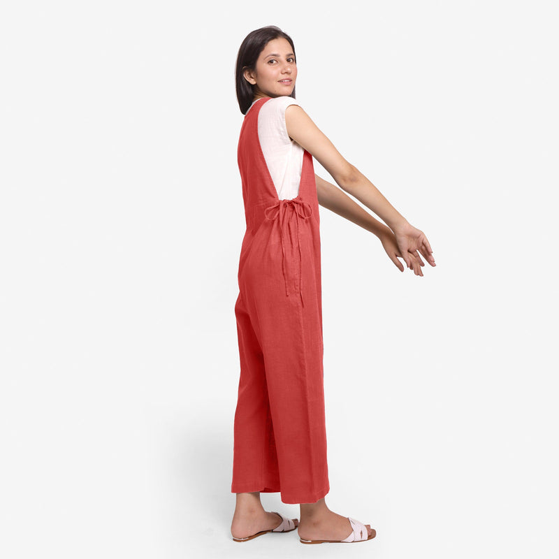 Right View of a Model wearing Brick Red Waist Tie Up Pinafore Jumpsuit