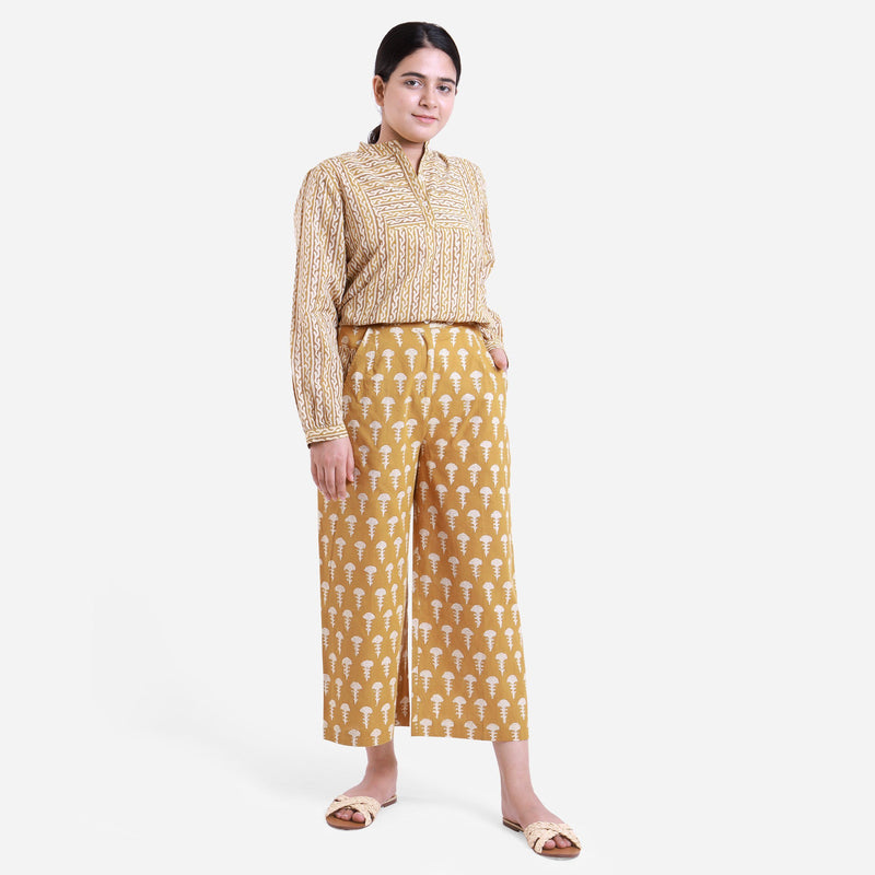 Front View of a Model wearing Bright Bagru Printed Top and Culottes Set