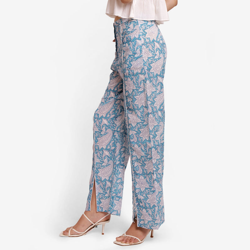 Left View of a Model wearing Turquoise Relaxed Fit Straight Pant