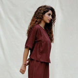 Right View of a Model wearing Brown 100% Cotton Drop Shoulder Sleeves Gathered Top