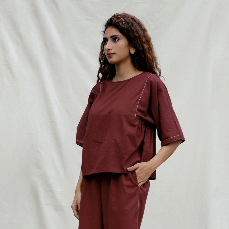Left View of a Model wearing Brown 100% Cotton Drop Shoulder Sleeves Gathered Top