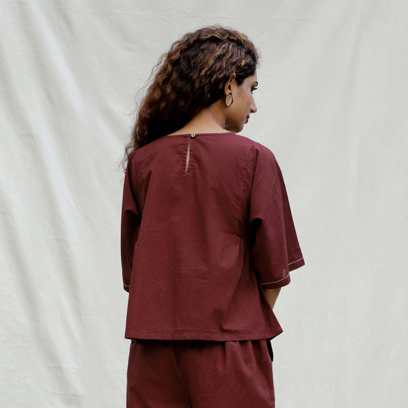 Back View of a Model wearing Brown 100% Cotton Drop Shoulder Sleeves Gathered Top