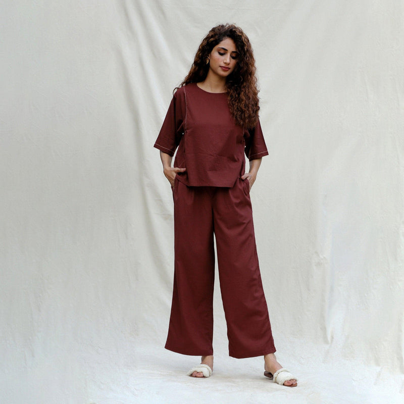 Front View of a Model wearing Brown 100% Cotton Drop Shoulder Sleeves Gathered Top