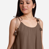 Brown 100% Cotton Tie-Up Shoulder Tier Mini Dress