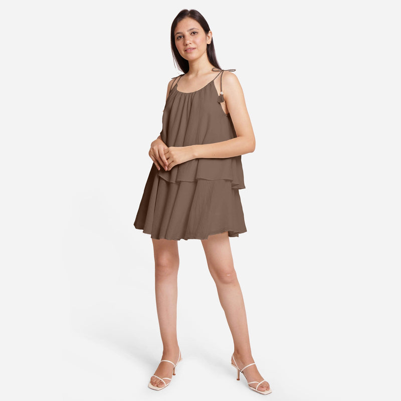 Brown 100% Cotton Tie-Up Shoulder Tier Mini Dress