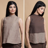 Front View of a Model wearing Brown and Beige Reversible Cotton Yoked Tie-Up Neck Top
