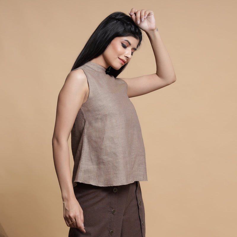 Right View of a Model wearing Brown and Beige Reversible Cotton Yoked Tie-Up Neck Top