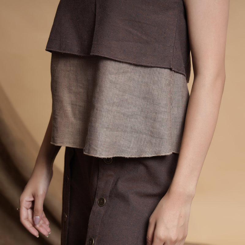 Left Detail of a Model wearing Brown and Beige Reversible Cotton Yoked Tie-Up Neck Top