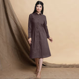 Front View of a Model wearing Brown Button Down Cotton Flax Knee Length Formal Dress