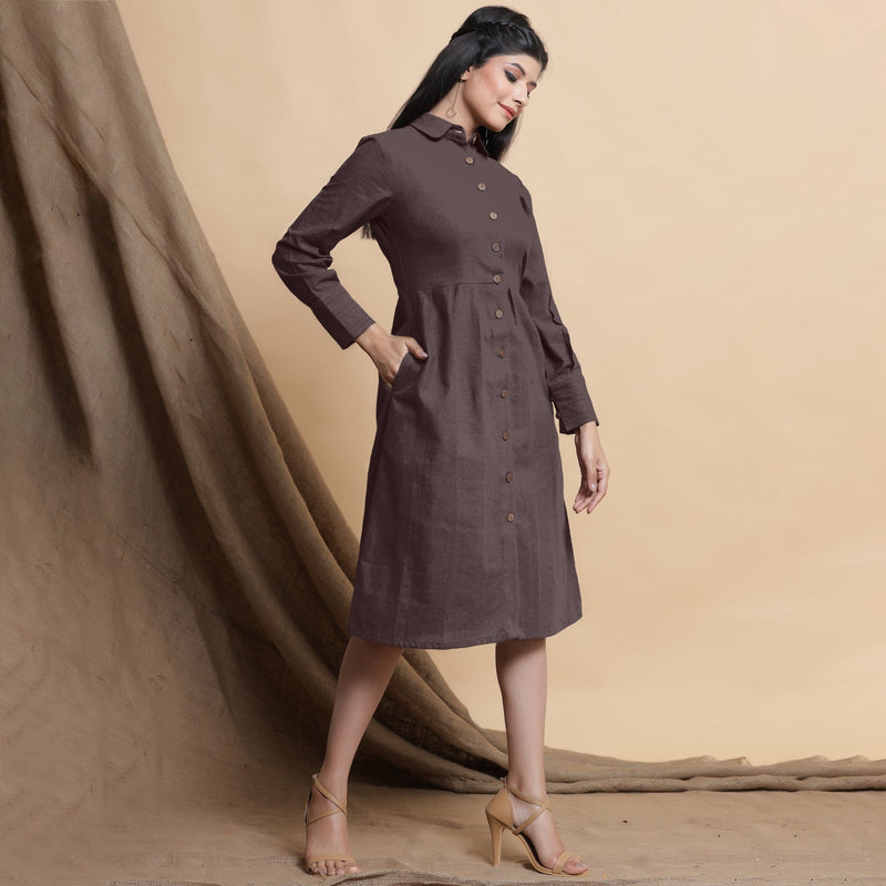 Right View of a Model wearing Brown Button Down Cotton Flax Knee Length Formal Dress