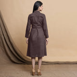 Back View of a Model wearing Brown Button Down Cotton Flax Knee Length Formal Dress
