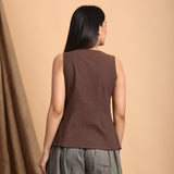 Back View of a Model wearing Brown Button Down Pleated Top