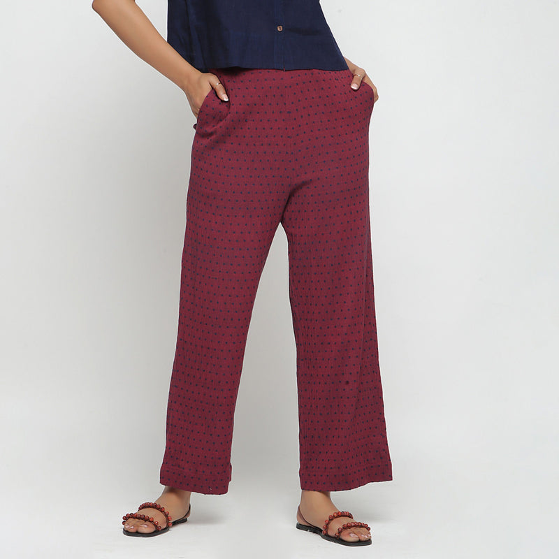 Front View of a Model wearing Red Polka Dots Straight Cotton Pant