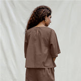 Brown Cotton Drop Shoulder Sleeves Gathered Top