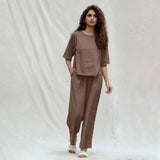 Brown Cotton Drop Shoulder Sleeves Gathered Top