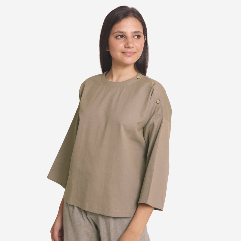 Left View of a Model wearing Beige Cotton Flax Round Neck Loose Fit A-Line Top
