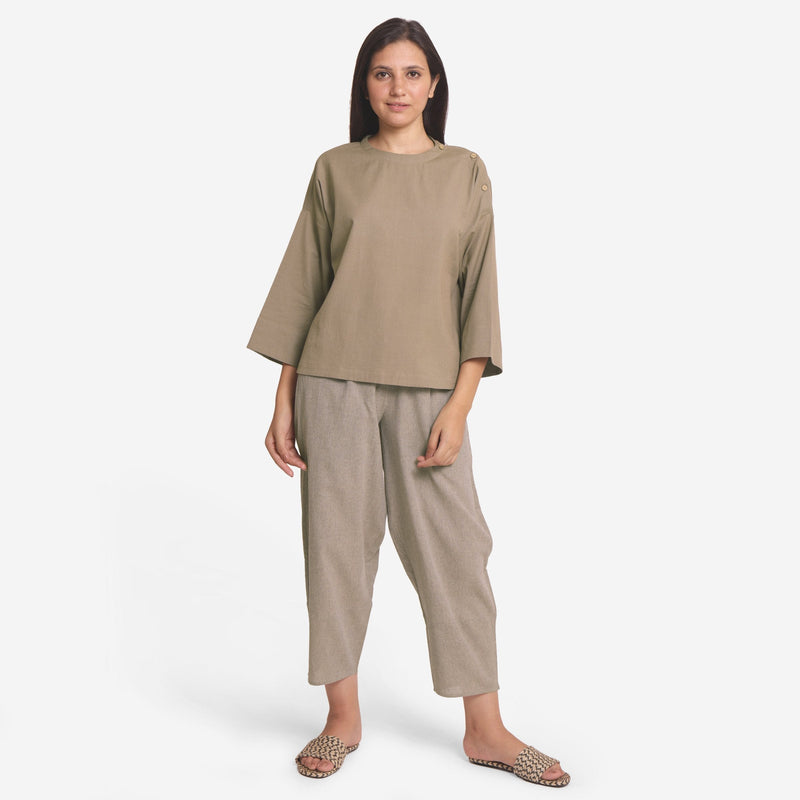 Front View of a Model wearing Beige Cotton Flax Round Neck Loose Fit A-Line Top