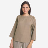 Front View of a Model wearing Beige Cotton Flax Round Neck Loose Fit A-Line Top