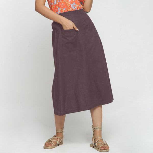 Front View of a Model wearing Brown Cotton Flax A-Line Skirt