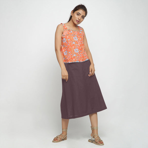 Front View of a Model wearing Brown Cotton Flax A-Line Skirt