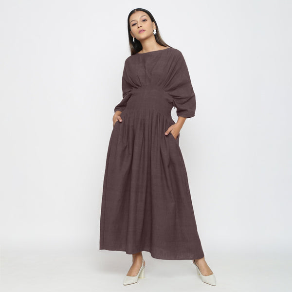 Brown Cotton Flax Ankle Length Pleated Flared Dress