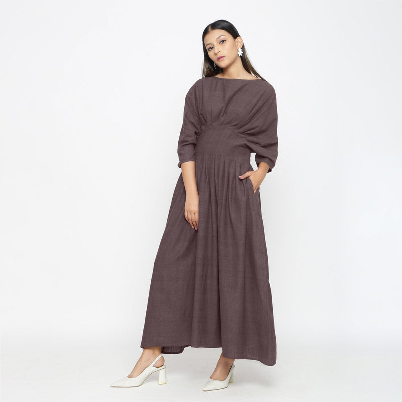 Brown Cotton Flax Ankle Length Pleated Flared Dress