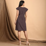 Brown Cotton Flax Pleated Cap Sleeves Short Dress