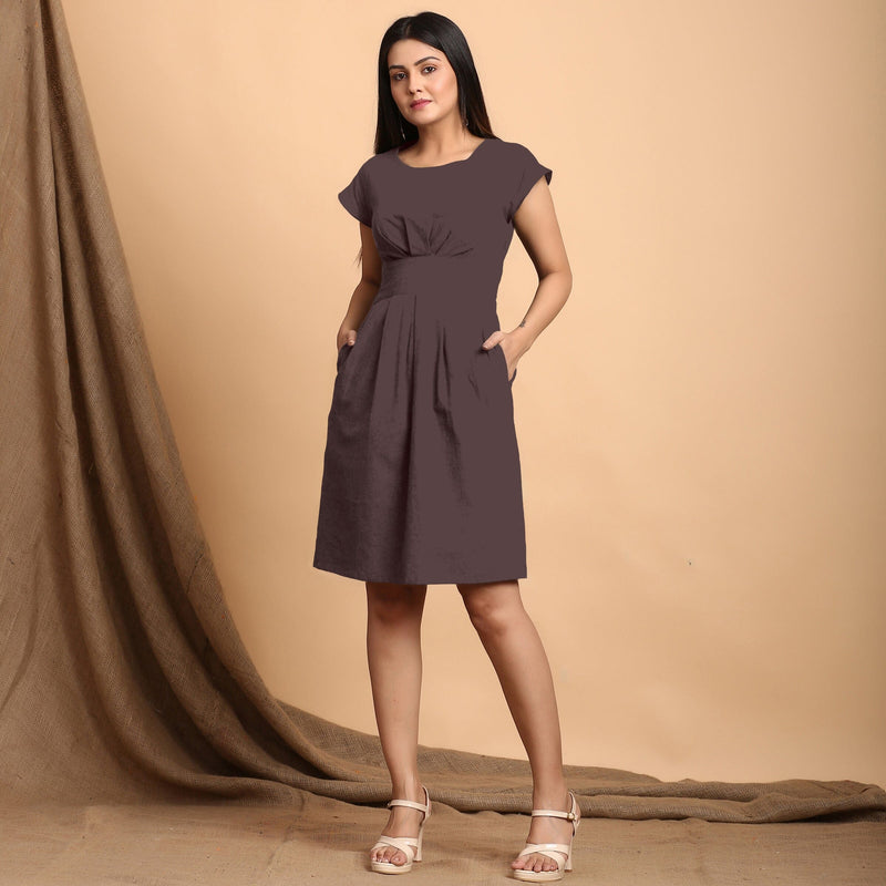 Brown Cotton Flax Pleated Cap Sleeves Short Dress