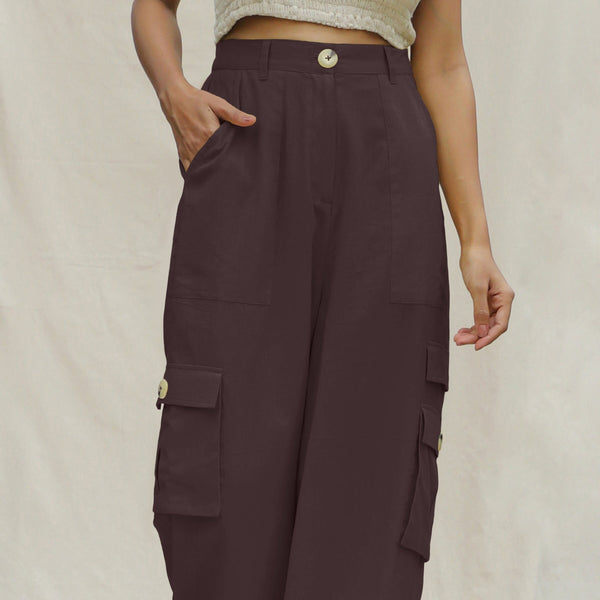Brown Cotton Flax Elasticated High-Rise Cargo Pant