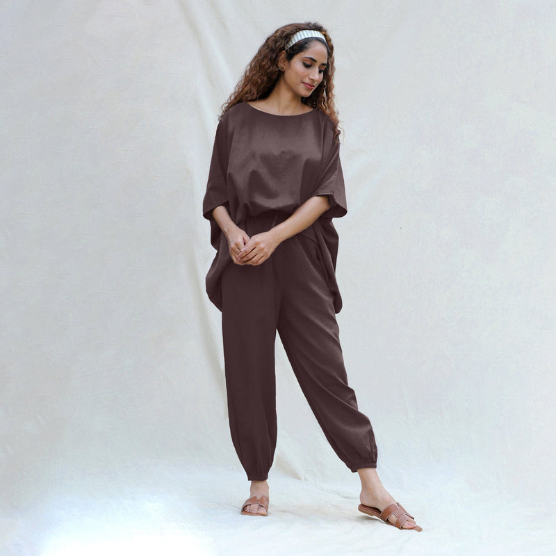Brown Cotton Flax High-Rise Elasticated Jogger Pant