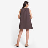 Back View Of a Model wearing Brown Cotton Flax Kangaroo Pocket Dress