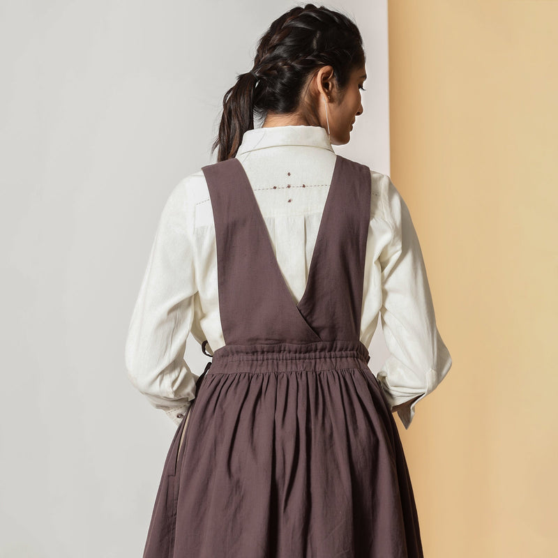 Back Detail of a Model wearing Brown Cotton Flax Pinafore Midi Wrap Dress