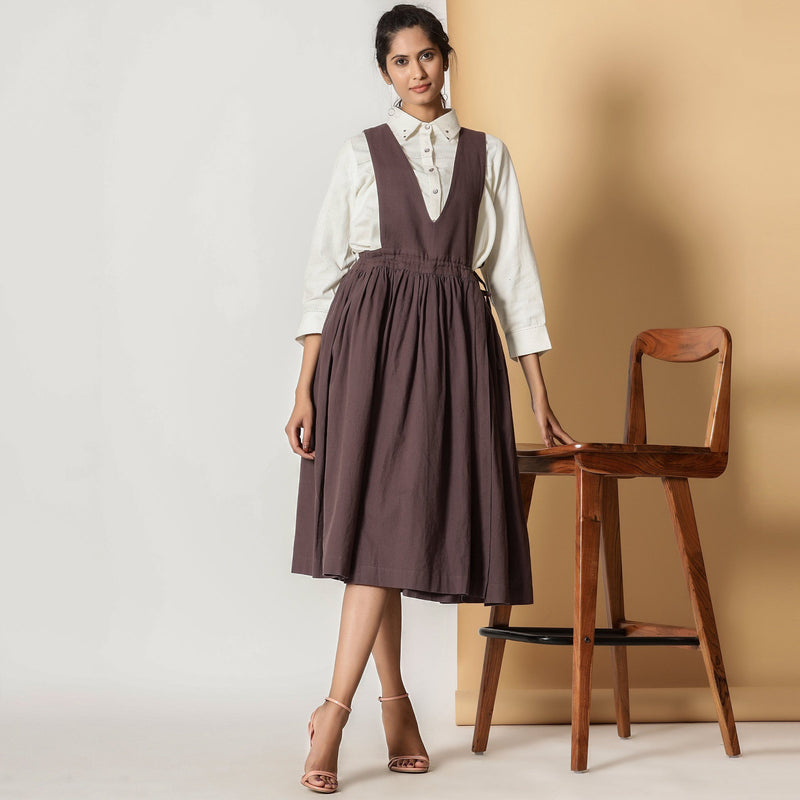 Front View of a Model wearing Brown Cotton Flax Pinafore Midi Wrap Dress