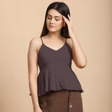 Front View of a Model wearing Brown Cotton Flax Slim Fit Pleated Camisole Top