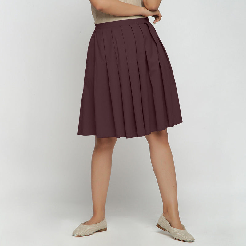 Front View of a Model wearing Brown Cotton Flax Pleated Skirt