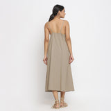 Back View of a Model wearing Brown Cotton Flax Strap Sleeve A-Line Dress