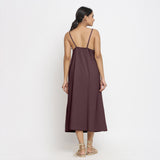 Back View of a Model wearing Brown Cotton Flax Strap Sleeve A-Line Dress