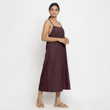 Right View of a Model wearing Brown Cotton Flax Strap Sleeve A-Line Dress