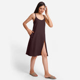 Right View of a Model wearing Brown Cotton Flax Strappy Slit Dress