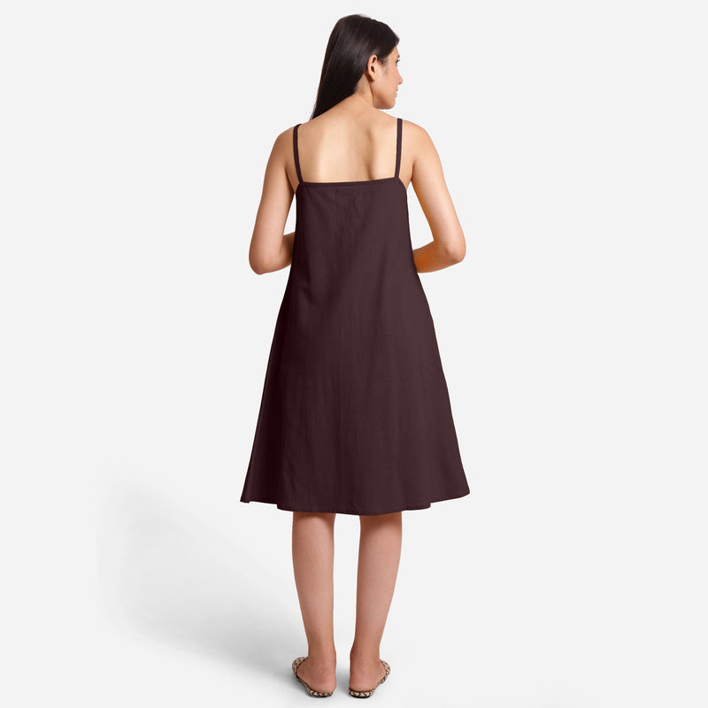 Back View of a Model wearing Brown Cotton Flax Strappy Slit Dress