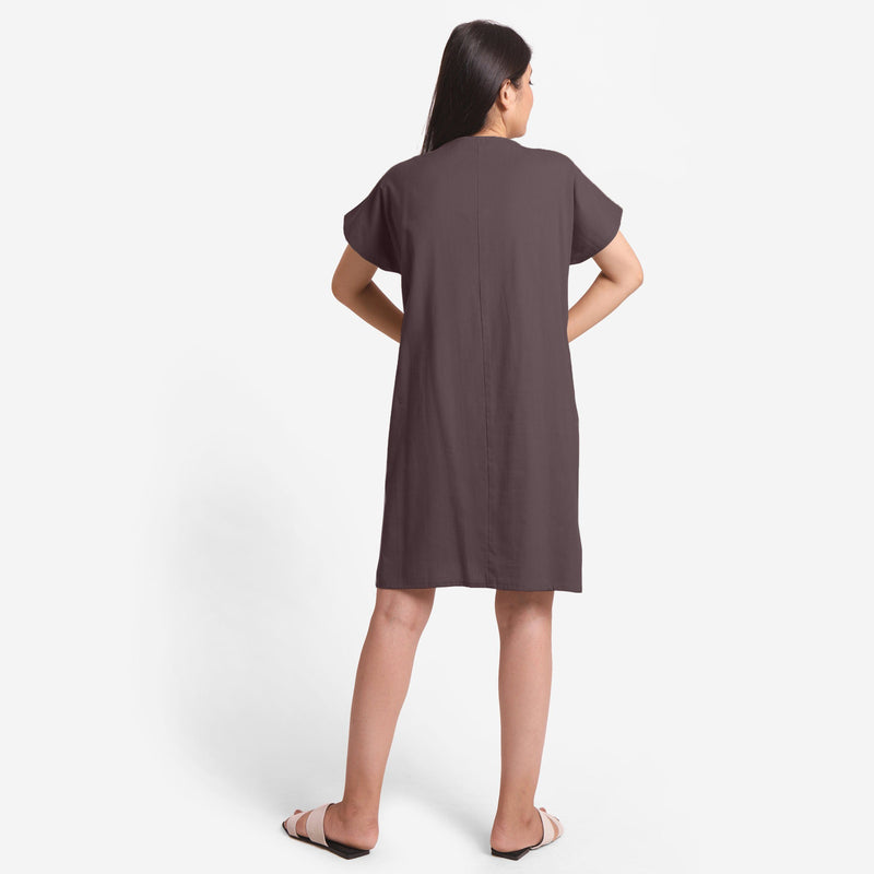 Back View of a Model wearing Brown Cotton Flax V-Neck Tunic
