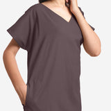 Front Detail of a Model wearing Brown Cotton Flax V-Neck Tunic