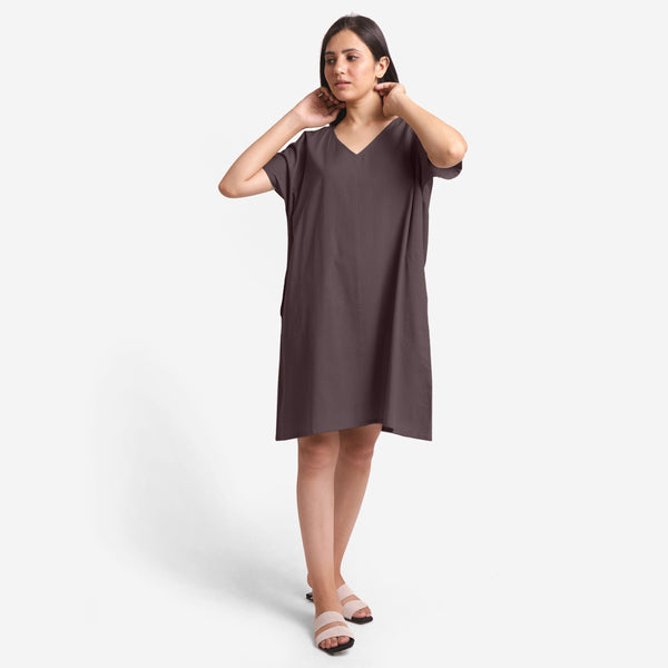 Front View of a Model wearing Brown Cotton Flax V-Neck Tunic