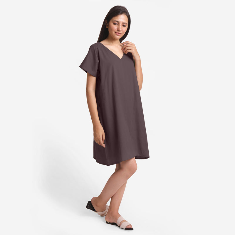 Right View of a Model wearing Brown Cotton Flax V-Neck Tunic