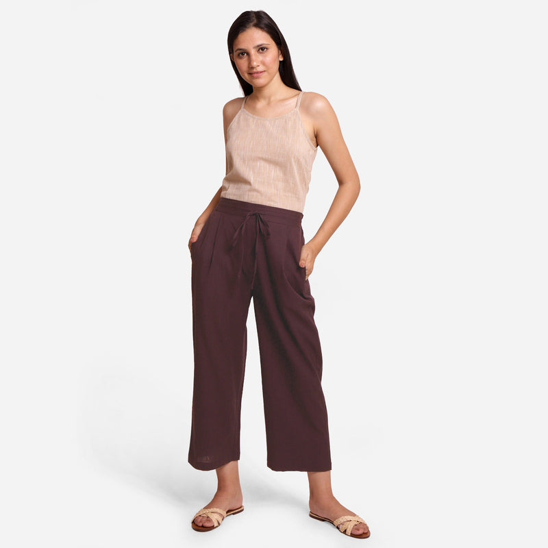 Front View of a Model wearing Brown Cotton Flax Wide Legged Pant