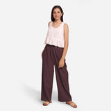 Front View of a Model wearing Brown Cotton Flax Wide Legged Straight Pant