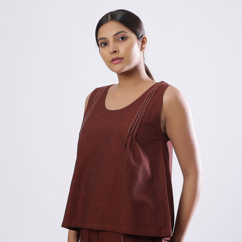 Front View of a Model wearing Brown Straight Mangalgiri Cotton Top