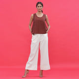 Front View of a Model wearing Brown Cotton Top and White Corduroy Pant Set